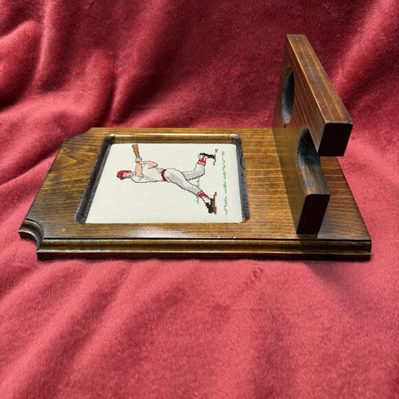 Vintage Baseball Bat & Ball Holder Wood Stand w/ Needlepoint Player Art - Picture 6 of 6